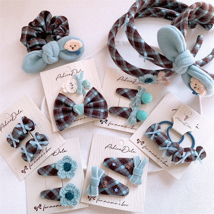 儿童蓝咖系蝴蝶结格纹发夹头箍女童糖果发圈头绳侧边刘海碎发BB夹