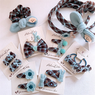 儿童蓝咖系蝴蝶结格纹发夹头箍女童糖果发圈头绳侧边刘海碎发BB夹