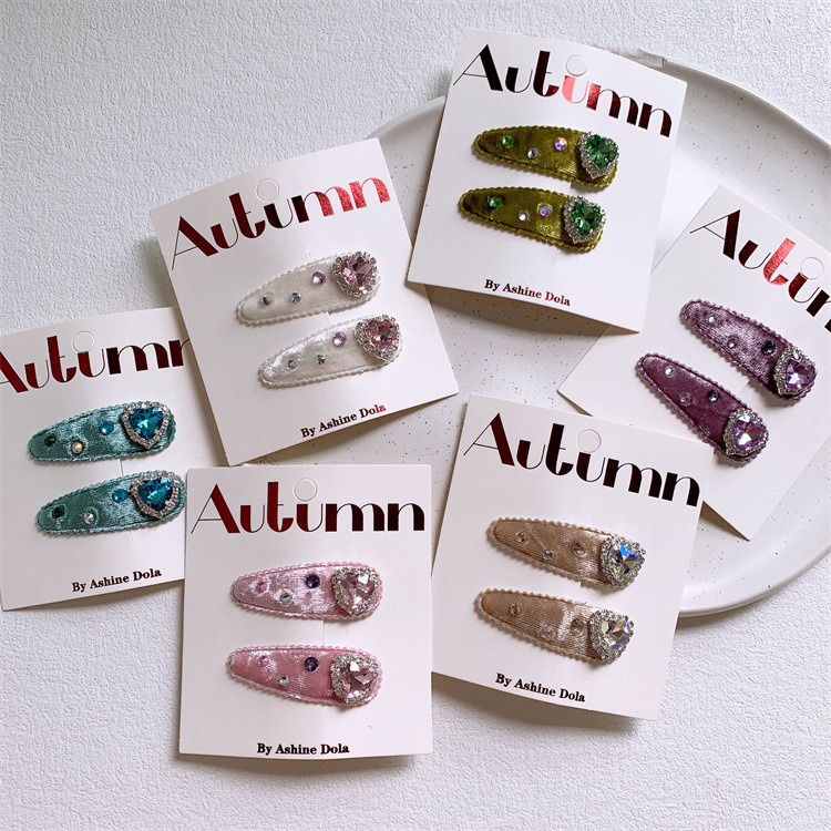 新款儿童丝绒水滴亮钻爱心发夹甜美女童刘海碎发BB夹头饰发卡边夹