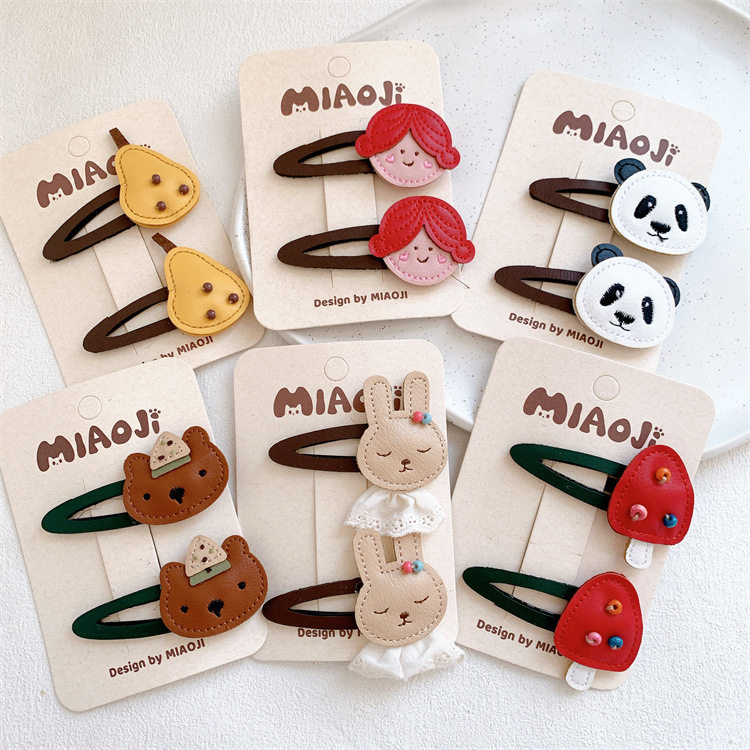 新款儿童PU皮质小熊兔子发夹小女孩卡通水果发卡侧边刘海碎发BB夹