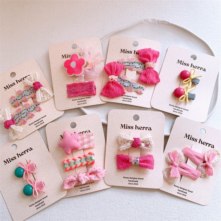 新款玫红色系蝴蝶结发夹儿童刺绣水滴BB夹女童刘海侧边夹对装发卡