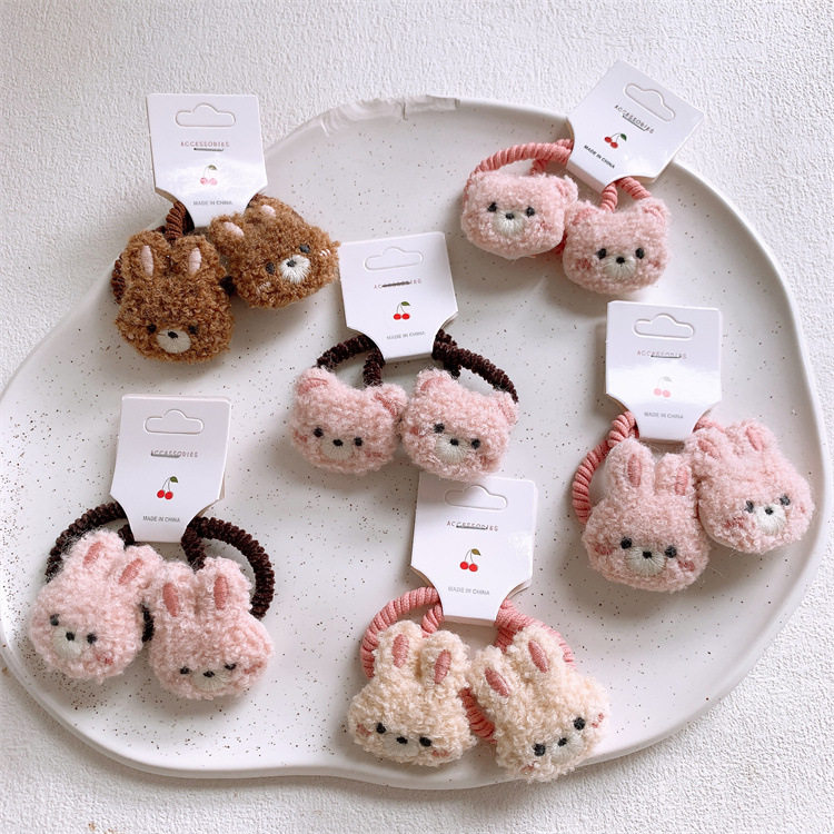 秋冬儿童可爱卡通毛线小熊兔子发圈小女孩扎头发皮筋发绳对装头绳