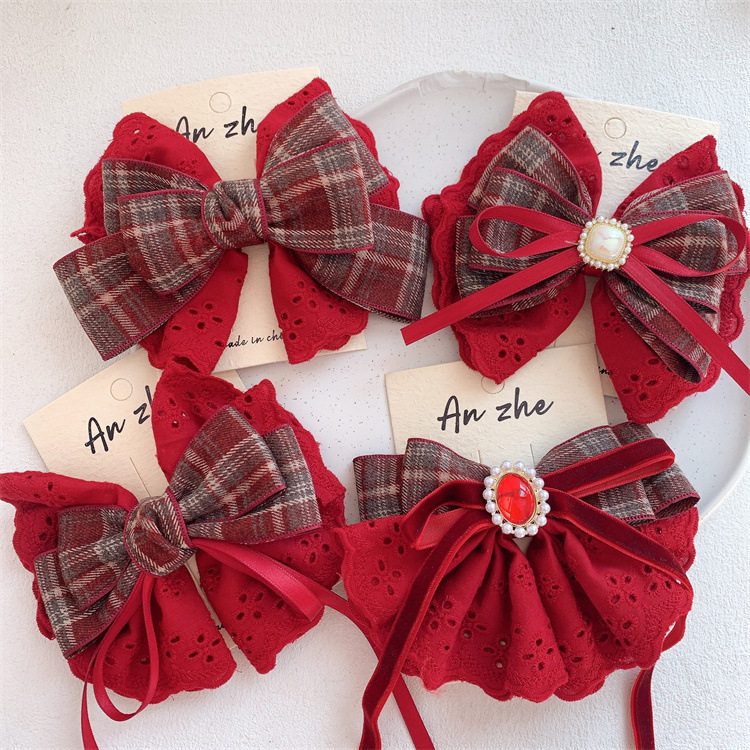 儿童新年酒红色格纹蝴蝶结飘带发夹后脑勺马尾发卡顶夹头饰