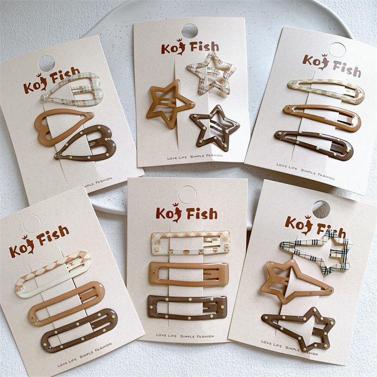 新款奶咖系爱心星星水滴形BB夹碎发夹简约格纹圆点侧边刘海夹发卡