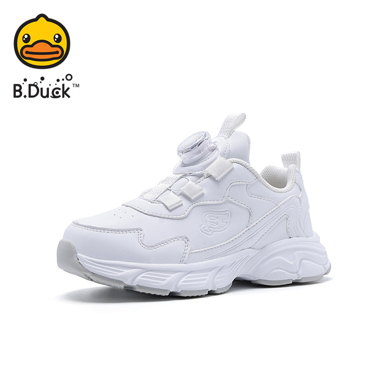 小黄鸭儿童白色运动鞋皮面防水男童跑步鞋轻便女童小白鞋子春秋款