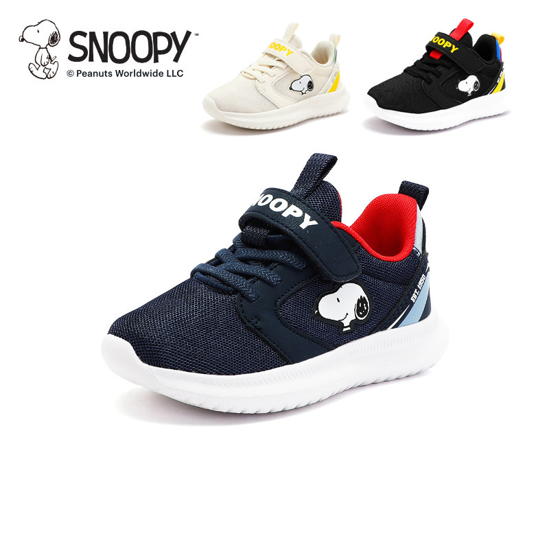 史努比男童网面运动鞋新款2026小学生跑步鞋透气休闲双网鞋黑色软