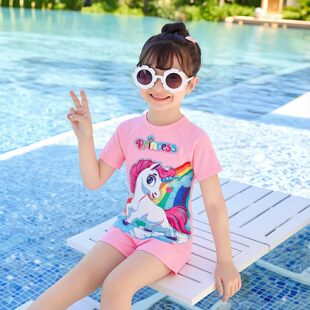 套装 2026夏季 速干泳装 儿童泳衣连体卡通女童短袖 泳帽中小童 新款