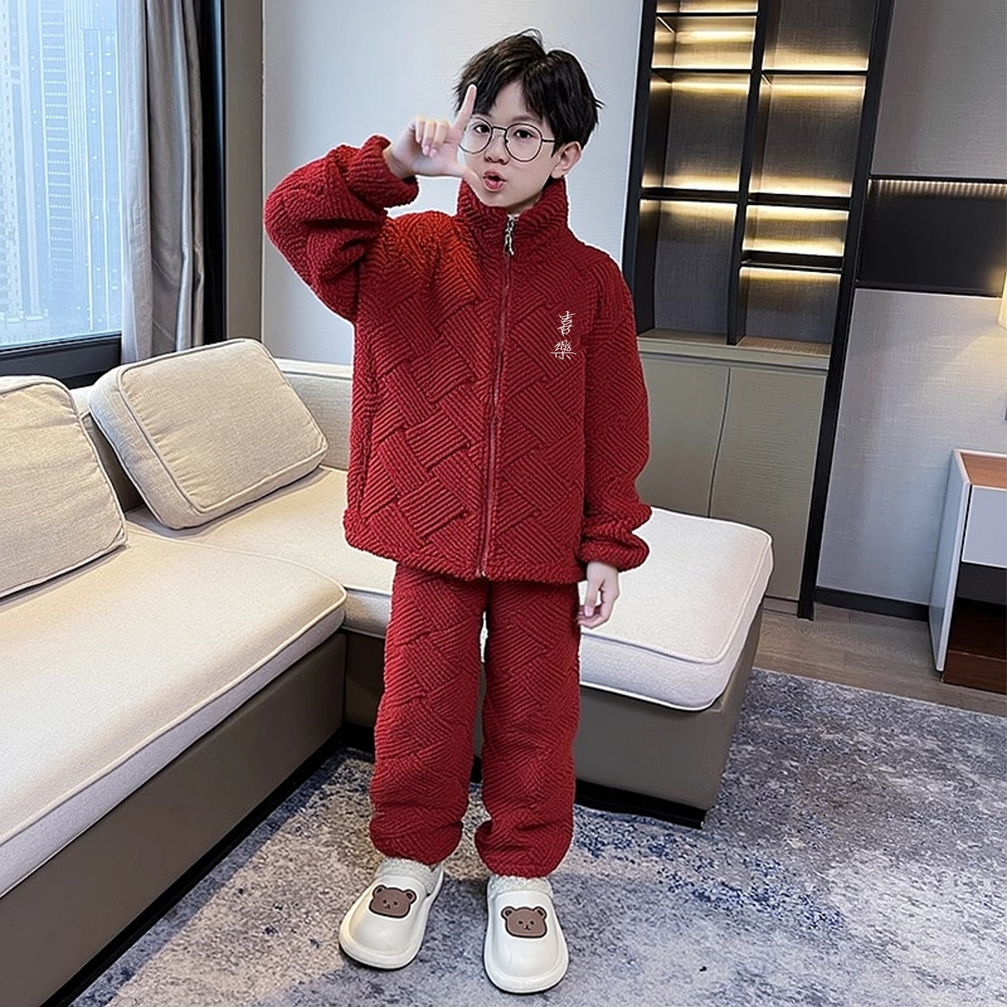 男童新年加绒红色睡衣秋冬2025新款儿童珊瑚绒男孩大童家居服套装