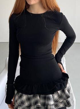 Rockrio Rarelicold 双层花朵边绒里挖袖长袖T