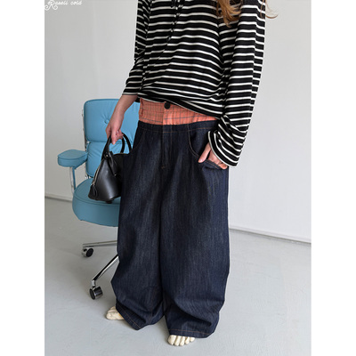 Rockrio Rarelicold 橘色格纹双腰拼接蚕丝深色牛仔裤