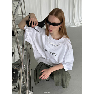 T恤 假两件标签双层领宽松短袖 白色 Rarelicold Rockrio