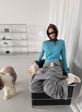 Rockrio Rarelicold 圆领坑条袖羊毛针织衫 雾霾蓝 黑色