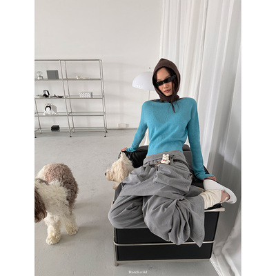 Rockrio Rarelicold 圆领坑条袖羊毛针织衫 雾霾蓝 黑色