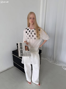 Rockrio Rarelicold波点印花抽绳领亚麻短袖t恤连衣裙