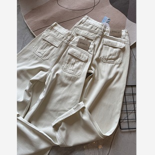 女直筒 无弹力牛仔裤 高端货 巨显瘦杏白色宽松范弯刀直筒阔腿裤
