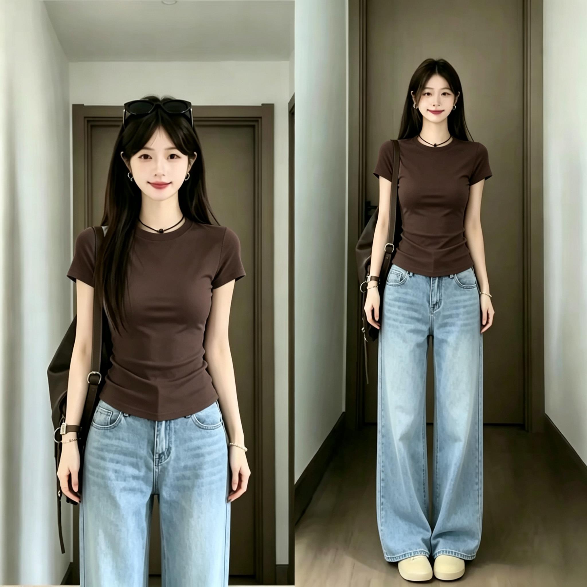 美式咖色圆领修身显瘦短袖女上衣夏薄款轻奢高级感显身材正肩T恤图片