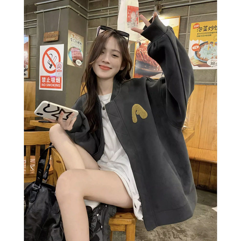 开衫卫衣女2025新款爆款春秋冬加绒宽松中长款遮屁股棒球服外套