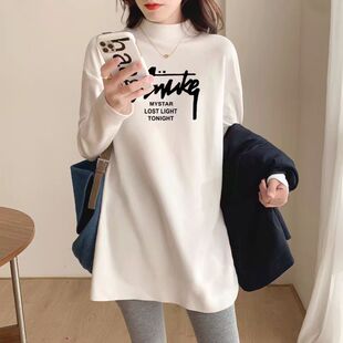 德绒中长款长袖t恤女2025秋冬加绒半高领宽松打底衫内搭保暖上衣