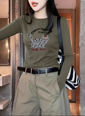 韩系卡通印花军绿色长袖T恤女2025早秋季新款修身显瘦辣妹上衣潮
