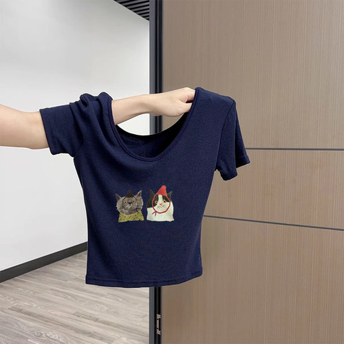 修身辣妹显瘦新款女薄款背上短款夏季T恤短袖蓝色美2025领U衣性感