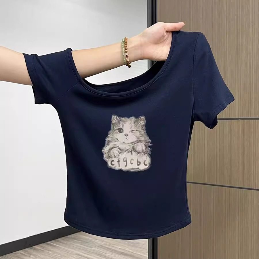 辣妹短款藏蓝色t恤女夏韩版修身显瘦别致独特绝美chic一字肩上衣