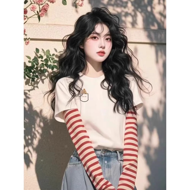 2025秋季新款拼色假两件T恤女时尚洋气宽松显瘦宽松圆领长袖上衣