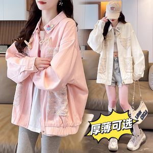 复古翻领外套少女春秋装2024新款初中高中学生宽松休闲慵懒风夹克