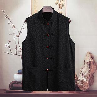 由天丨春秋季男士马夹复古风黑色提花无袖唐装坎肩马甲中国风男装