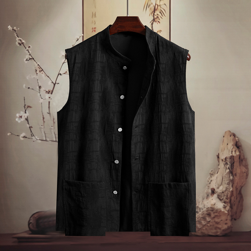 由天提花棉麻唐装马甲