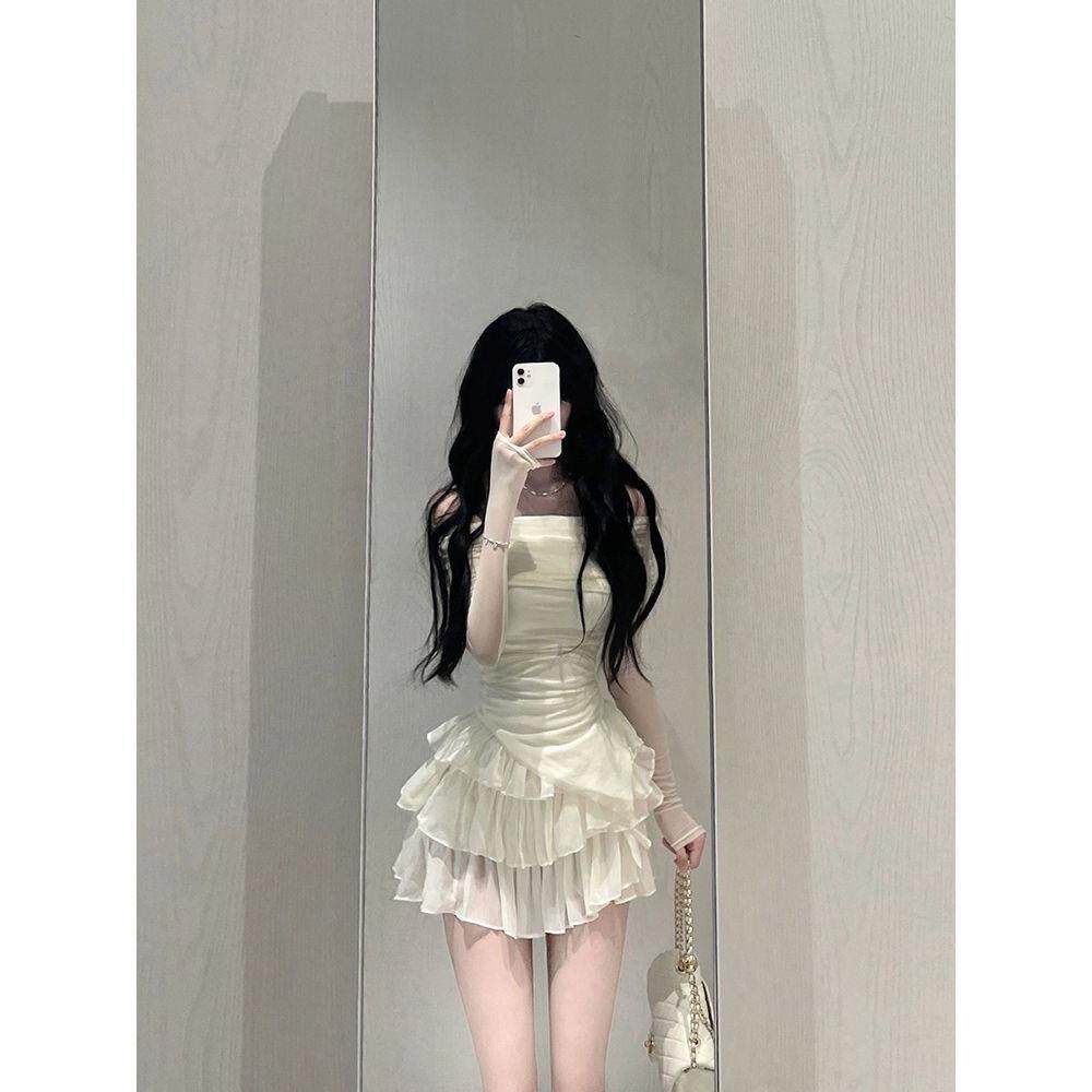 纯欲香肩露肩修身上衣蛋糕半身裙套装夏装女一字肩辣妹纯欲风两