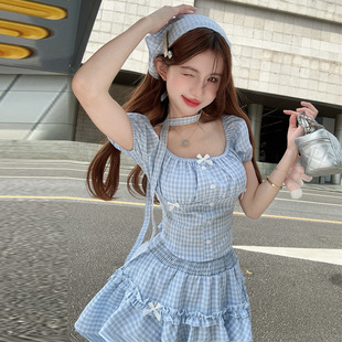 性感辣妹可爱甜美风蝴蝶结格子上衣头巾半身裙 羊羊本杨～2025夏季