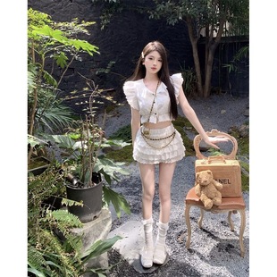 套装 YYBY～甜美辣妹白色短款 夏季 镂空衬衫 裙子短裙半身裙 上衣女装