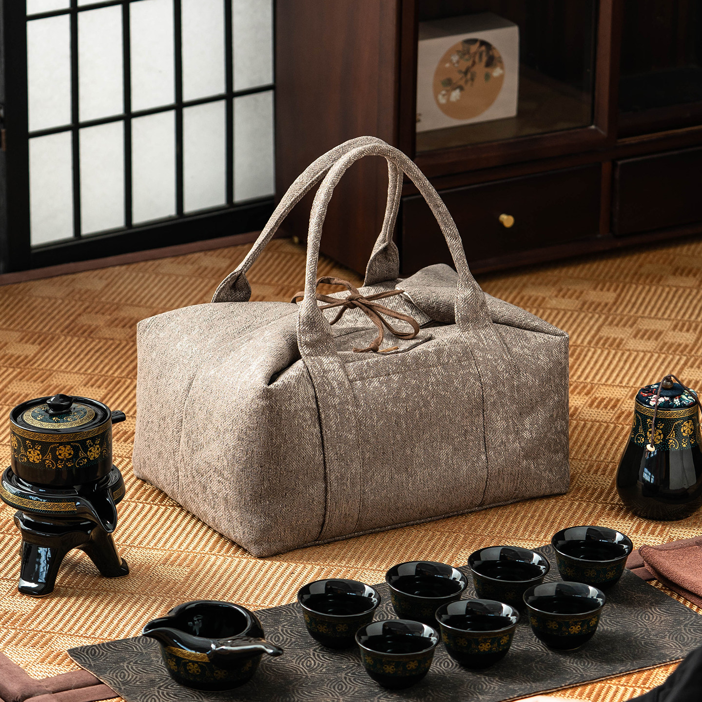 家用茶具收纳袋户外便携式大容量茶事包酒精炉煮茶壶包自动茶具袋