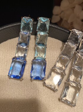 欧美渐变蓝色流苏耳环长款透明糖果色新娘大气优雅透明白色耳饰