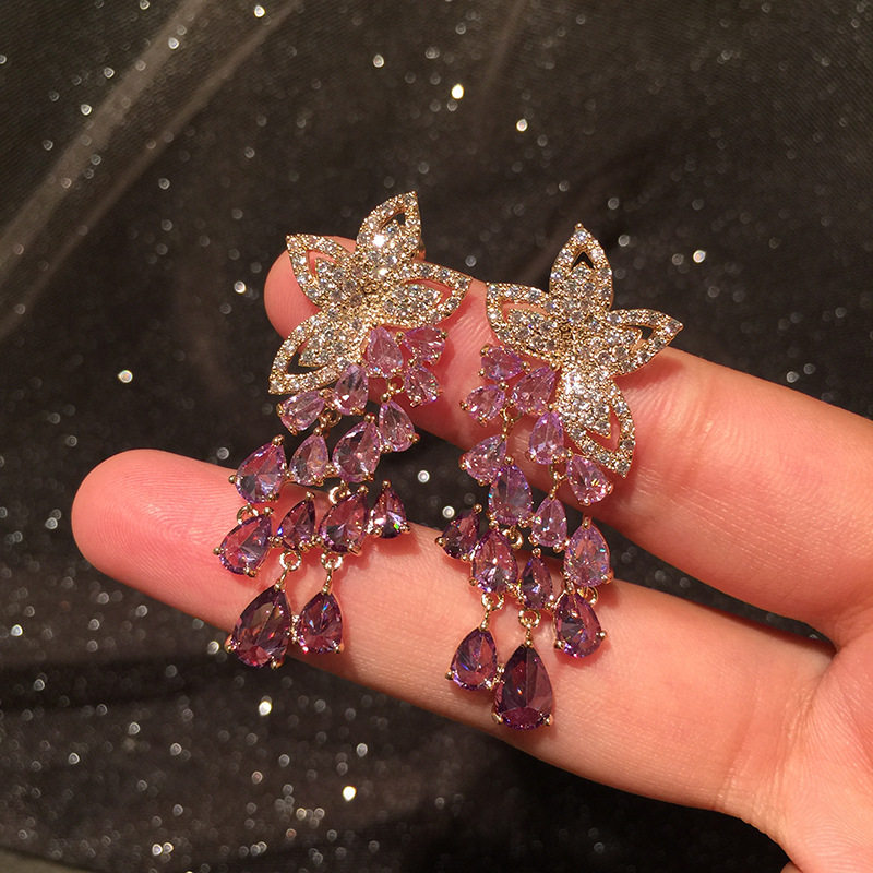 花朵水滴流苏耳环透明超闪锆石气质优雅长款流苏绿色花瓣耳饰