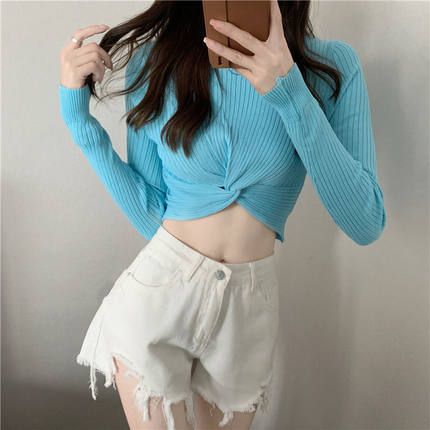 交叉长袖t恤针织衫女2023年新款夏季韩版设计感小众修身短款上衣