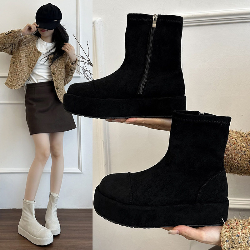 2025新款松糕厚底小个子黑色绒面马丁靴女鞋新款秋冬季单靴显脚