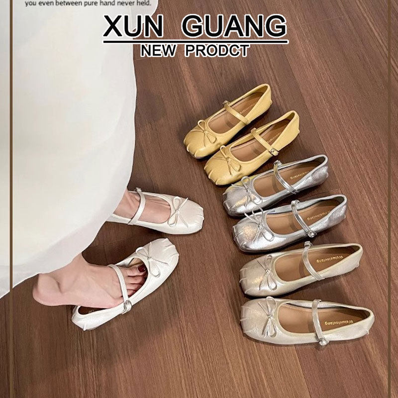 牛皮版~银色玛丽珍鞋女夏平底配裙子一字带法式芭蕾单鞋真皮女鞋