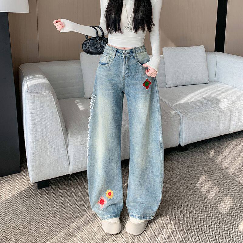 美式复古设计感立体花卉刺绣牛仔裤子女辣妹小众时尚个性拖地长裤