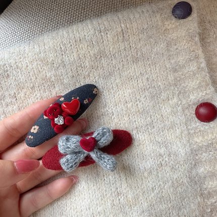 韩系布艺碎花底小熊水钻BB夹对夹轻奢甜美蝴蝶结爱心侧边夹女发夹