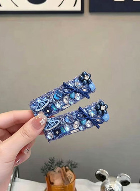法式蓝色长方形蝴蝶结发夹新款轻奢百搭侧边碎发刘海夹后脑勺发饰