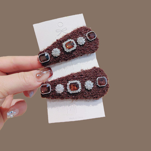 锆石水钻毛绒发夹女秋冬侧边2025新款前额刘海夹掰掰夹一字夹头饰