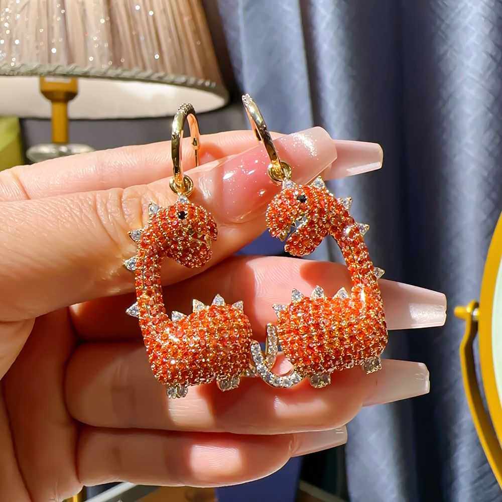 欧美时尚恐龙耳环新款创意重工微镶卡通可爱微镶锆石耳钉一款两