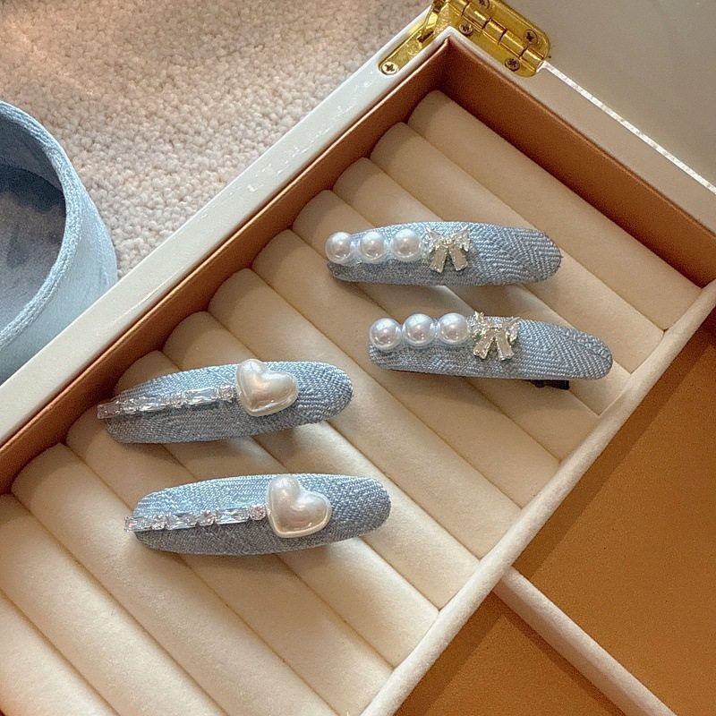 蓝色小香风系列珍珠爱心刘海夹高级感水钻蝴蝶结一字夹侧边夹发卡