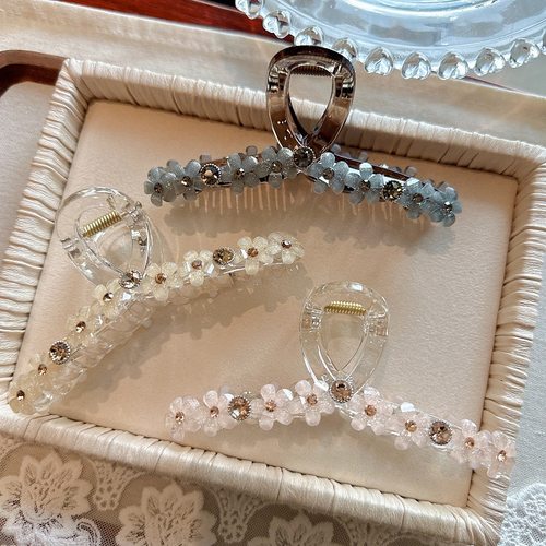 韩国精致水晶花朵抓夹气质时尚发夹高级大号抓夹后脑勺盘发鲨鱼夹