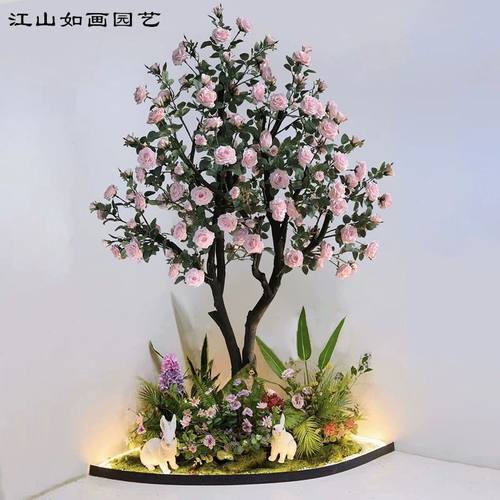 仿真玫瑰花树玫瑰树山茶花桂花树室内假花假树落地摆件造景装饰