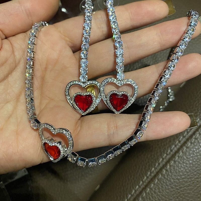 镂空爱心红心锆石女耳环项链鸽子血心形百搭耳饰桃心耳钉甜美风