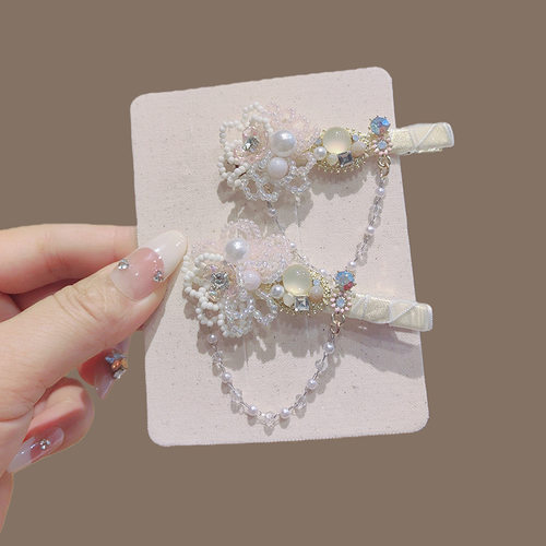 韩式手工串珠珍珠花朵发夹甜美温柔风侧边刘海碎发夹轻奢百搭头饰