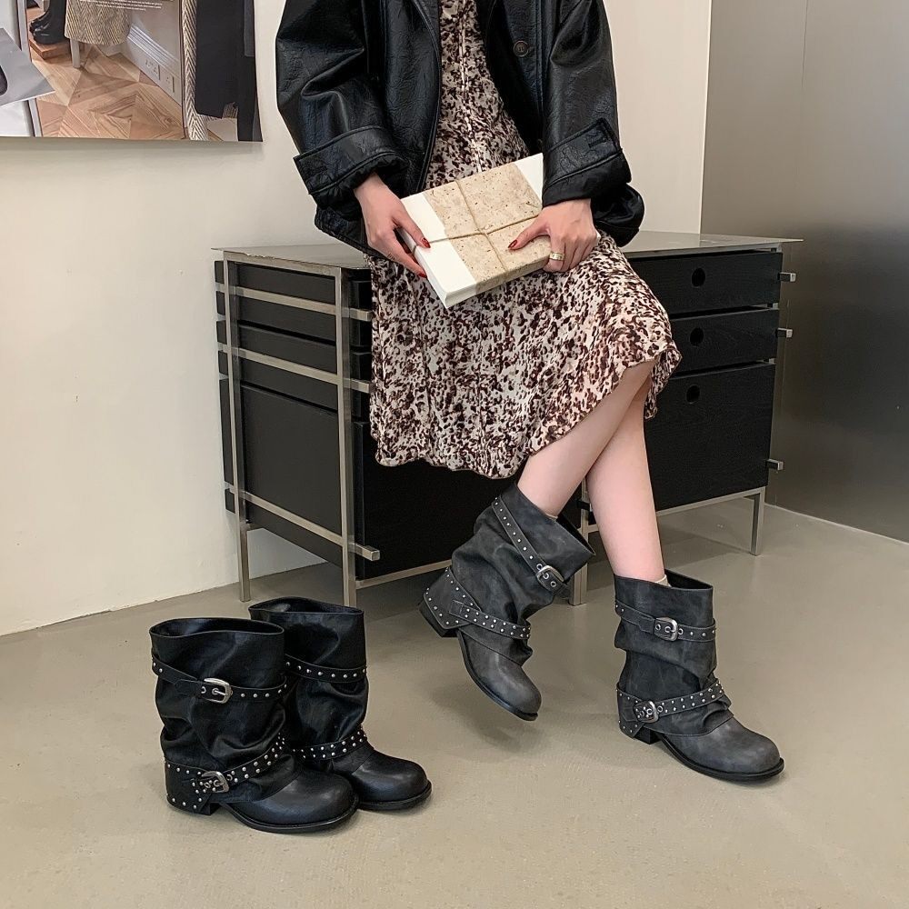 韩版时尚皮带扣机车短靴女2026春秋新款铆钉中筒骑士靴显瘦裤管靴