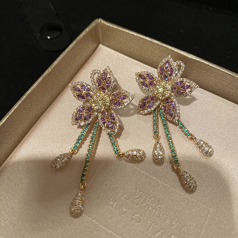 重工密镶锆石立体紫色花蕊耳环银针精致花朵水滴流苏耳坠新娘宴会